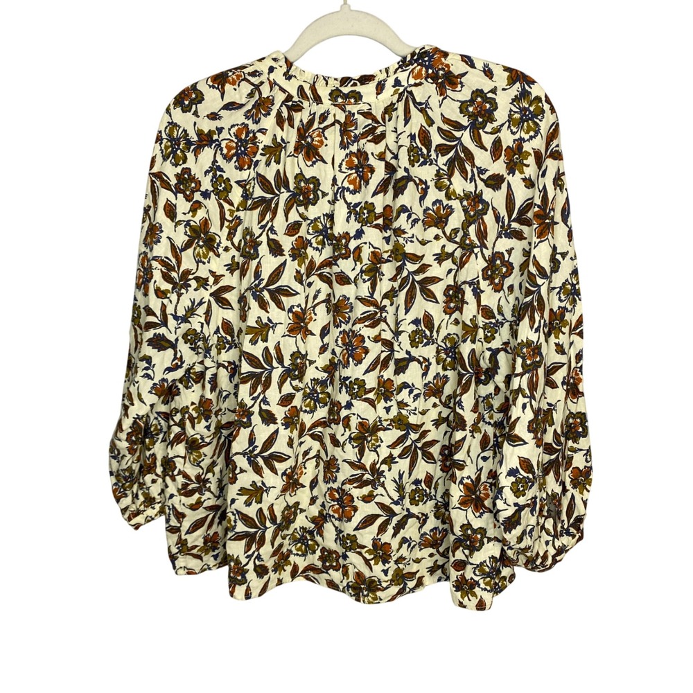 Faherty Portia Top Indee Floral Ruffle V-Neck Blouse WTF2316 Cream Brown Blue M - Picture 2 of 13
